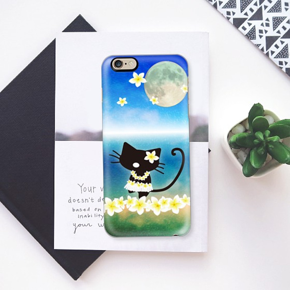 【受注生産】iPhone＆スマホ各種ケース　プルメリアフラガールの夏猫女子夜空 3枚目の画像