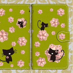 【受注生産】iPhone＆スマホ各種ケース　桜猫◆よもぎ色 5枚目の画像