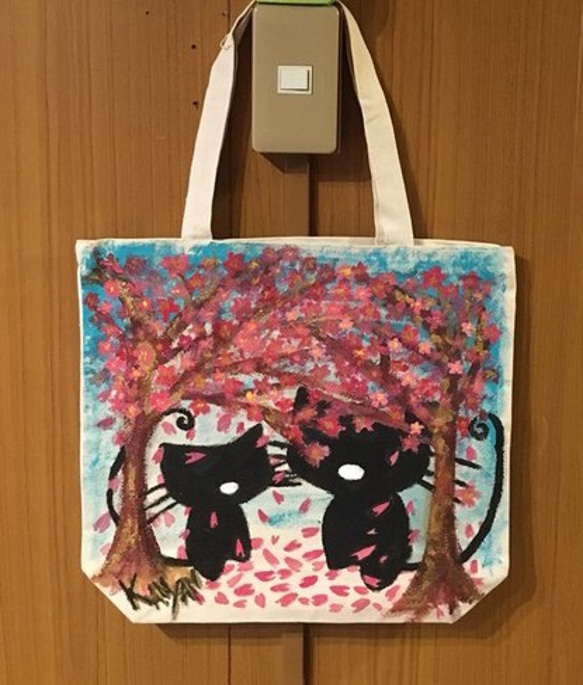 猫柄キャンバストート　桜の木の下で☆手描き 1枚目の画像