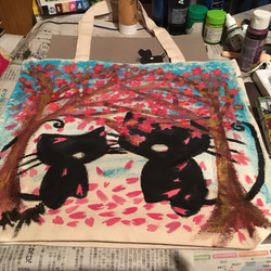 猫柄キャンバストート　桜の木の下で☆手描き 2枚目の画像
