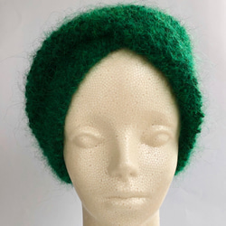 深緑色モヘア風毛糸のふんわり幅広リングヘアターバン　手編み棒針鹿の子編みウール混毛糸使用イヤーマフラーにもなるヘアバンド 8枚目の画像