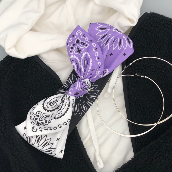 ペイズリー柄バンダナ3色使い幅広リボンターバン 白黒紺色ホワイト