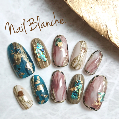 エスニックブルーシェルネイル （#成人式 #ニュアンス) ネイルチップ