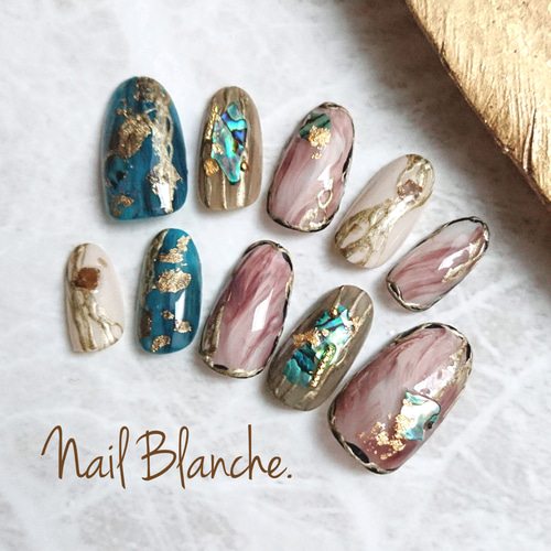 エスニックブルーシェルネイル （#成人式 #ニュアンス) ネイルチップ