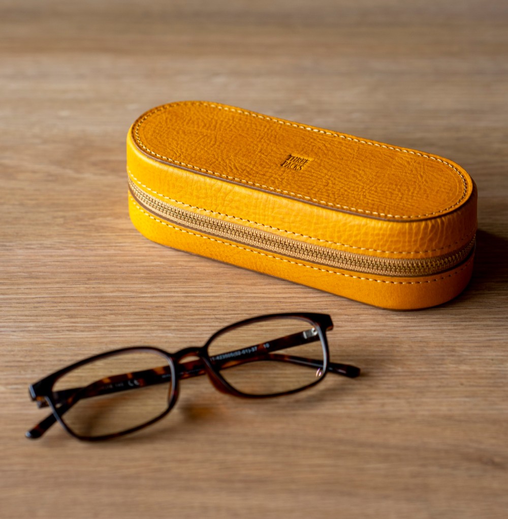 名入れ可◆上質な本革メガネケース◆イエロー◆ (イニシャル刻印・ラッピング無料) ◆ギフト
