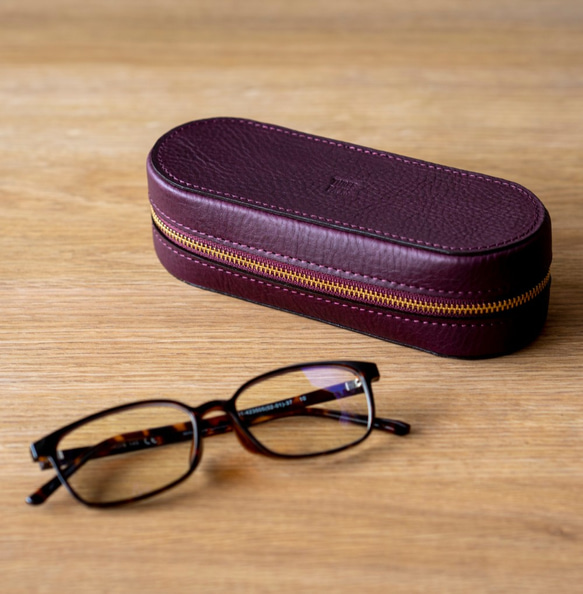 名入れ可◇上質な本革メガネケース◇パープル◇ (イニシャル刻印