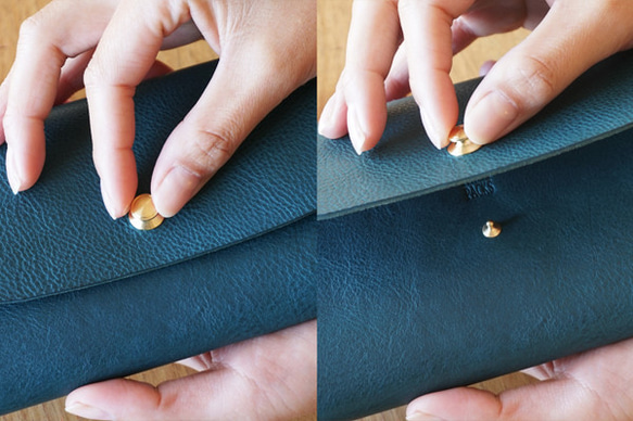 【送料無料】一枚革で仕立てた長財布　オルテンシア ブルー 4枚目の画像
