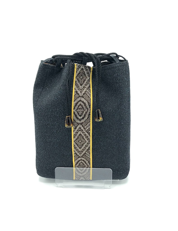 合切袋・信玄袋(巾着・ポーチ) 毛織着物地と泥大島　とおしマチあり 1枚目の画像