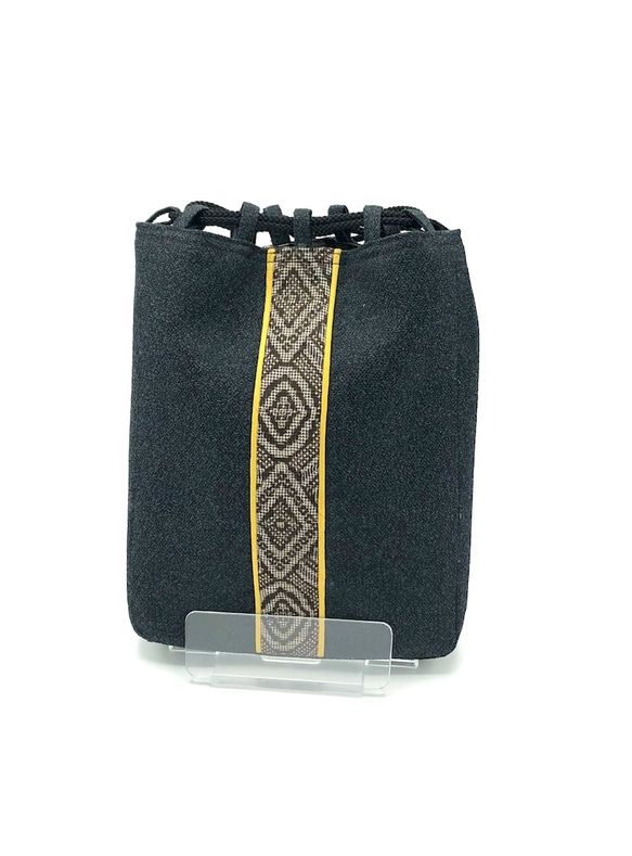 合切袋・信玄袋(巾着・ポーチ) 毛織着物地と泥大島　とおしマチあり 2枚目の画像