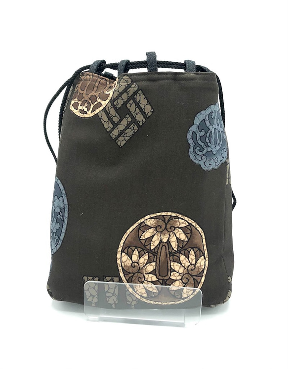 合切袋・信玄袋(巾着・ポーチ) 毛織着物地と泥大島　とおしマチあり 5枚目の画像