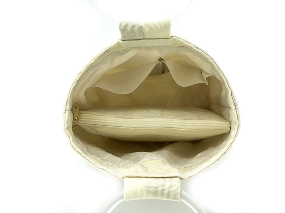 トートバッグ&ポーチ　リングハンドル　 正絹　　夏袋帯（白系 ・羽裏白) 5枚目の画像