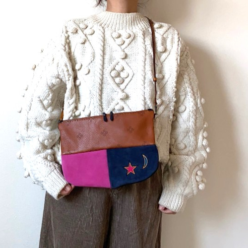 オジャガデザイン】星と月の刺繍レザーポーチ カラフル【未使用】