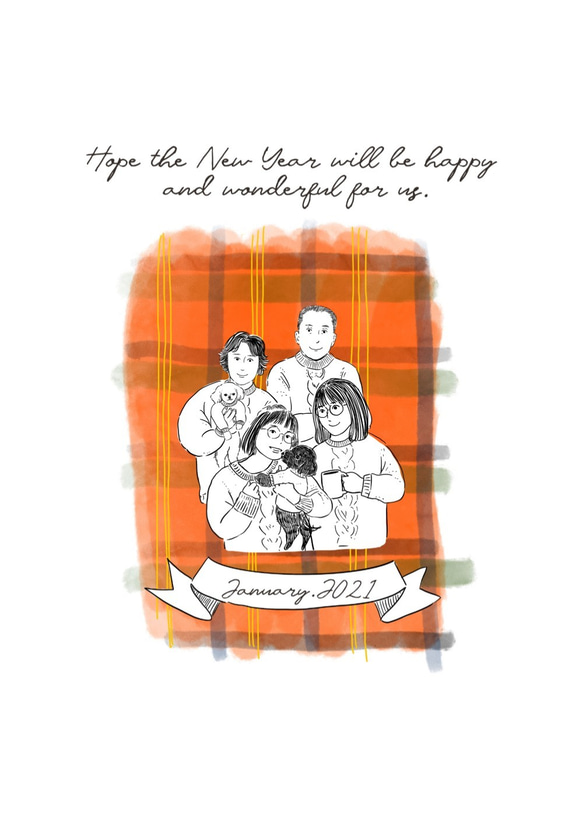 ナチュラルな似顔絵イラストのポスター 冬のデザインタータンチェック　☆ご家族、大切な人と☆ 3枚目の画像