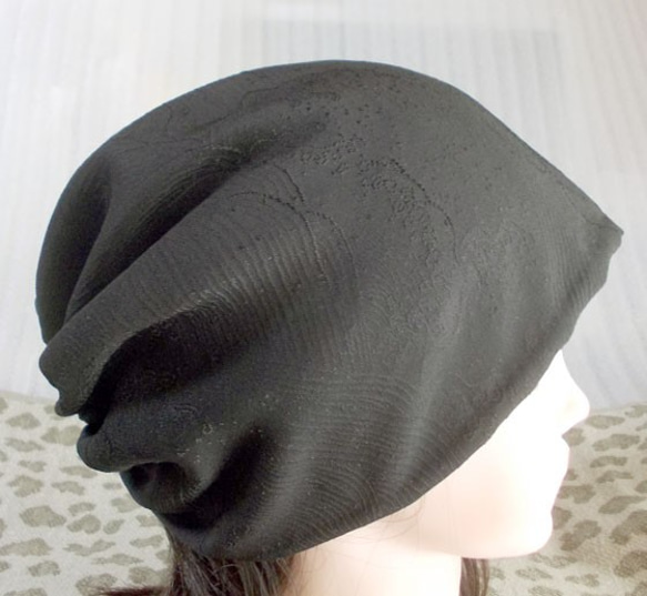 難有 難隠し 帽子 30*59 黒 浪頭 織り? キャップ 室内帽子 シルク 白髪隠し 日本土産 ケア帽子 2枚目の画像