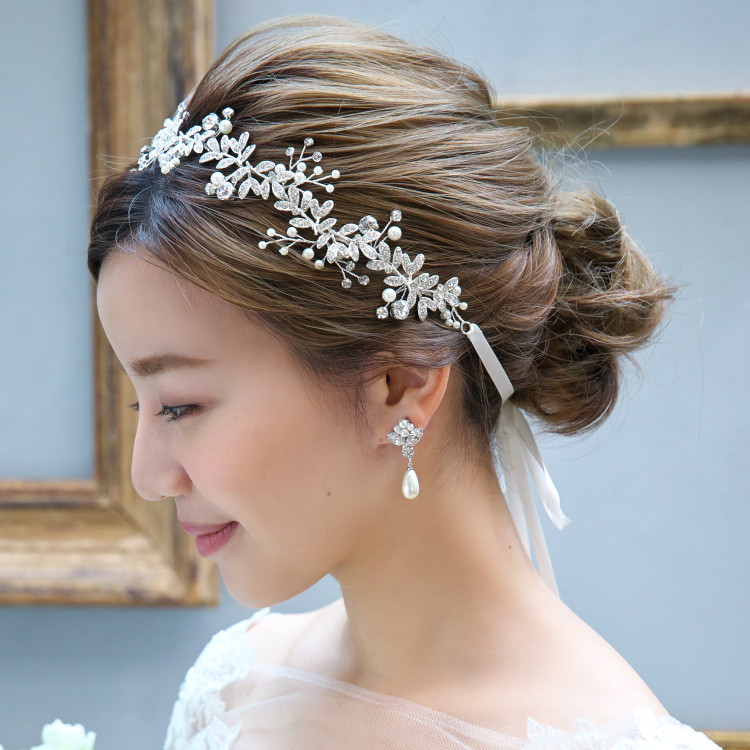 リボンカチューシャ【プリティーブーケ】KA-22|花嫁 小枝 シルバー ゴールド リーフ 結婚式 ウエディング パール