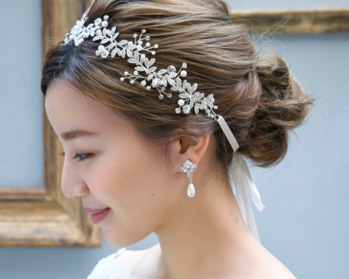 リボンカチューシャ【プリティーブーケ】KA-22|花嫁 小枝 シルバー