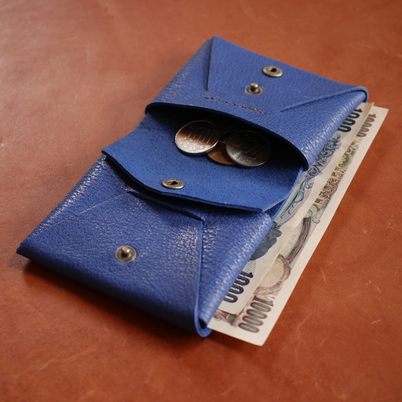 コンパクトな二つ折り！レザーミニウォレット：ブルー】・受注制作・革　ミニ財布 4枚目の画像