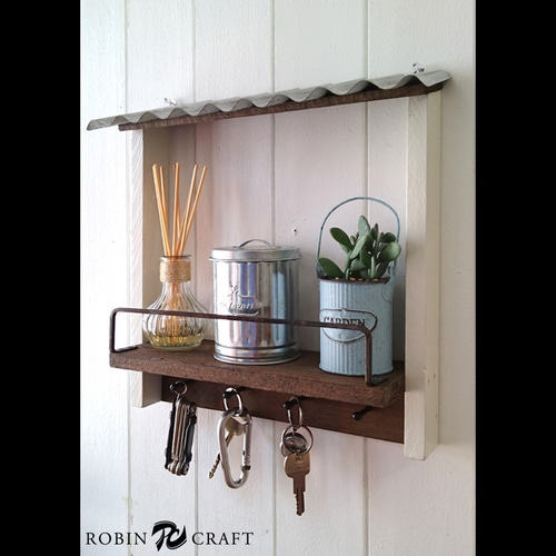 ☆屋根付きキーフックシェルフ☆ラック 鍵 トタン 壁掛け 飾り棚