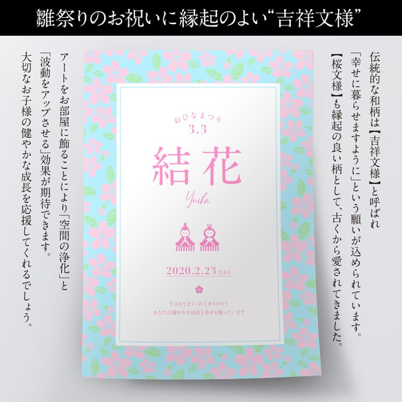 しあわせ和柄メモリアルポスター・桃の節句｜雛祭り・初節句のお祝い｜お名前とお誕生日お入れします｜2L〜A3｜送料無料 6枚目の画像