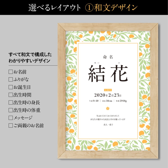 命名書・しあわせ和柄メモリアルポスター｜命名式・お七夜・お宮参り・お食い初めのお祝い＆記念に｜縁起の良い【橘】デザイン 2枚目の画像