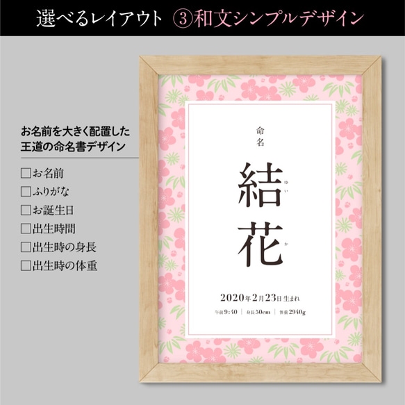 命名書・しあわせ和柄メモリアルポスター｜命名式・お七夜・お宮参り・お食い初めのお祝い＆記念に｜縁起の良い松竹梅デザイン 4枚目の画像