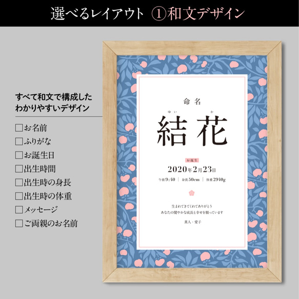 命名書・しあわせ和柄メモリアルポスター｜命名式・お七夜・お宮参り・お食い初めのお祝い＆記念に｜縁起の良い【橘】デザイン 2枚目の画像