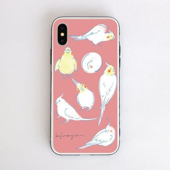 インコiPhoneケース 〈オカメインコ／ピンク〉強化ガラス仕上げ 1枚目の画像