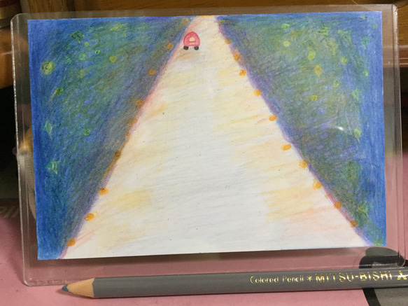 『高速道路から見るオレンジがかった夜景』がテーマの手書きイラスト(癒されてほしいと心を込めて描きました) 4枚目の画像