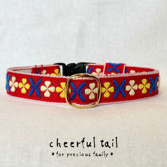 猫首輪＊幸運の花柄刺繍(レッド) リード・首輪 cheerful tail 通販 