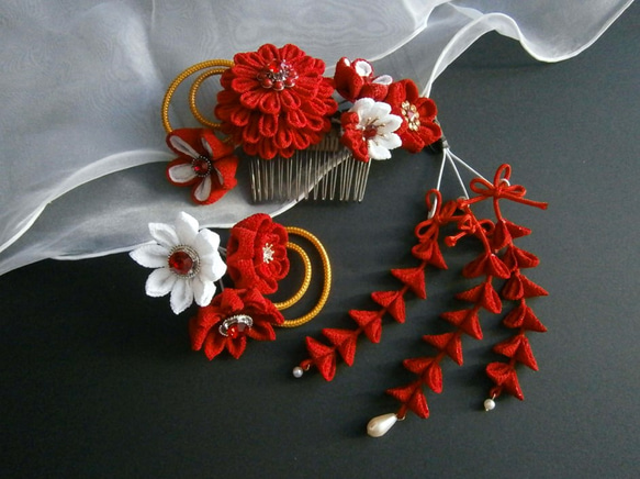 ちりめん細工 かんざし つまみ細工 髪飾り ちりめん 赤 和雑貨 着物