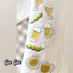 麻100%　手刺繍半衿　ビールと枝豆　くるくるステッチ(レース調) 4枚目の画像