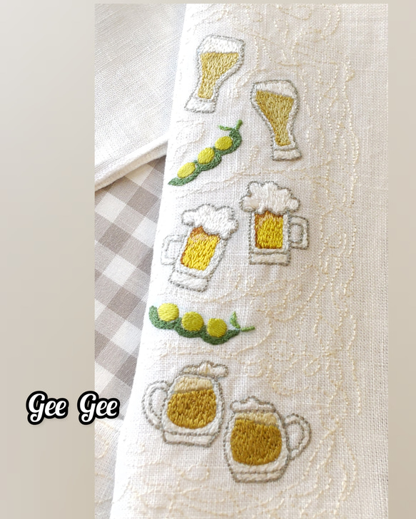 麻100%　手刺繍半衿　ビールと枝豆　くるくるステッチ(レース調) 4枚目の画像