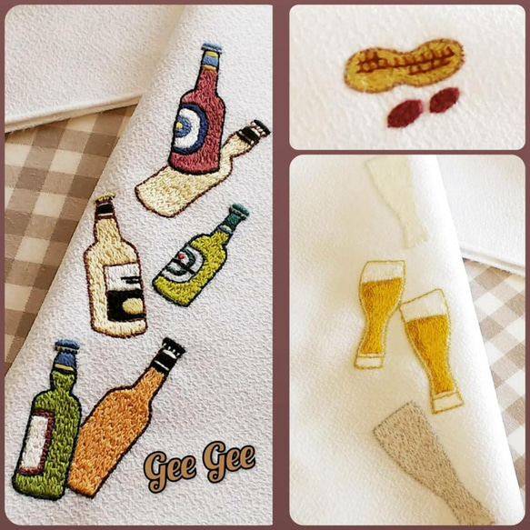 麻混　手刺繍半襟　ＢＥＥＲとピーナッツ 2枚目の画像