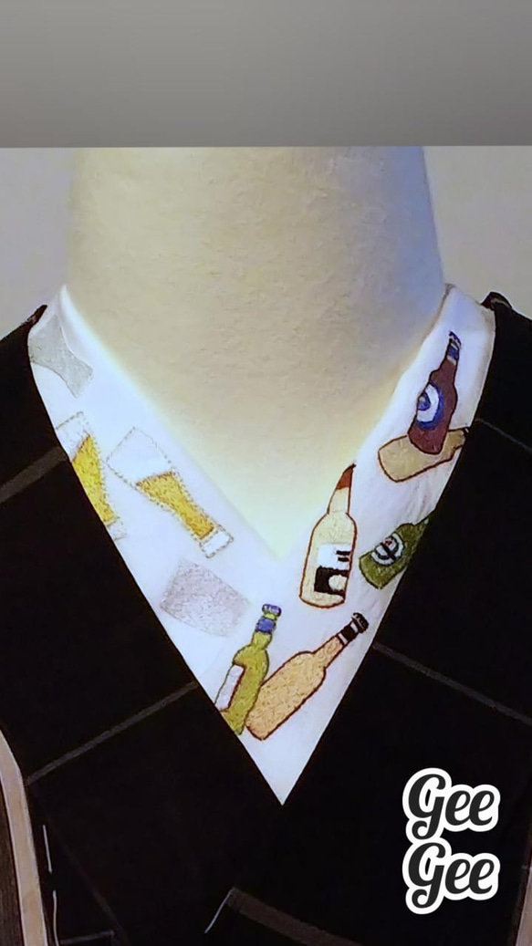 麻混　手刺繍半襟　ＢＥＥＲとピーナッツ 3枚目の画像