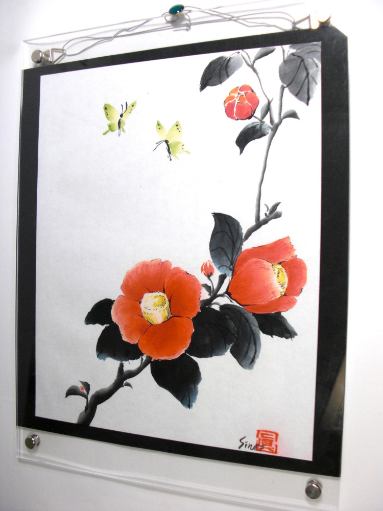椿凛流図　方丈記　墨彩画　額装済み 椿と蝶・水墨画 タペストリー・壁掛け 眞墨彩デザイン 通販