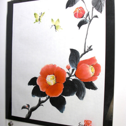 最新入荷】 手描き和紙タペストリー(花鳥画/椿・ルリビタキ
