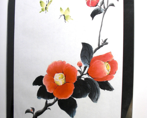 手描き和紙タペストリー(花鳥画/椿・ルリビタキ)