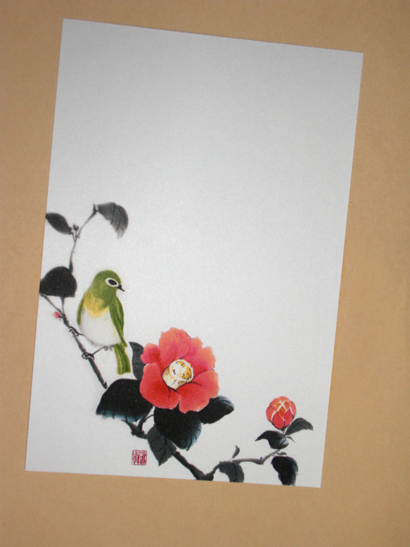 5枚セット｛椿とメジロ｝墨彩画の葉書 ポストカード 眞墨彩
