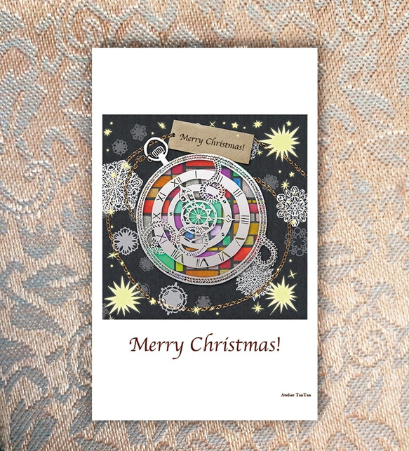 Kirie Design Christmas Card / クリスマスキャロルの懐中時計 / 2枚組 1枚目の画像