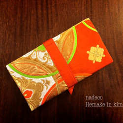 和服迷你折叠包（黄緑色、橙色、金色、花、景泰藍圖案）×牛仔布 第2張的照片