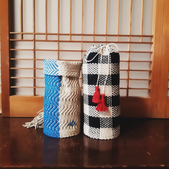 現代民芸《ヘンプ麻糸の手織り花器カバー》オリジナル布地 和空間にも合います＊インポート製 【タイル柄】 8枚目の画像