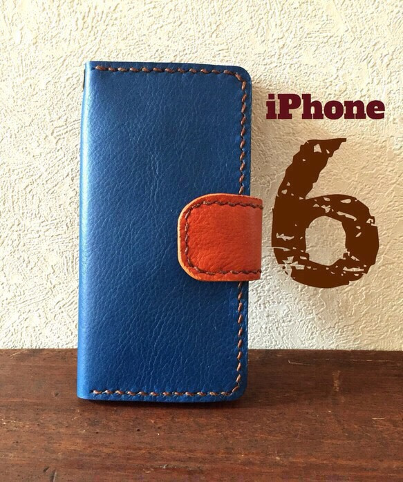 本革iPhone6【ブルー】手帳型二つ折りレザーケース 1枚目の画像