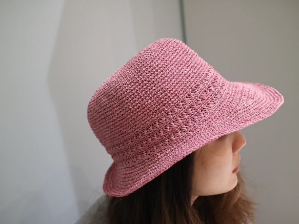 hat for woman手工鉤針編織粉紅色草帽遮陽帽拉菲亞草帽婦人帽生日禮物贈禮訂製 第1張的照片