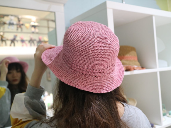 hat for woman手工鉤針編織粉紅色草帽遮陽帽拉菲亞草帽婦人帽生日禮物贈禮訂製 第6張的照片