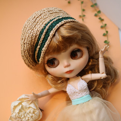娃娃Blythe小布六分娃手工時尚服飾全套四件組綠色葉子綠邊貝雷帽接受訂製 第3張的照片