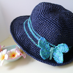 rayon raffia hat 手工鉤針編織草帽遮陽帽拉菲亞草帽藍色女帽帽子情侶帽蝴蝶生日禮物交換禮物客製訂製定製 第2張的照片