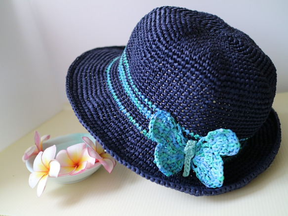 rayon raffia hat 手工鉤針編織草帽遮陽帽拉菲亞草帽藍色女帽帽子情侶帽蝴蝶生日禮物交換禮物客製訂製定製 第2張的照片