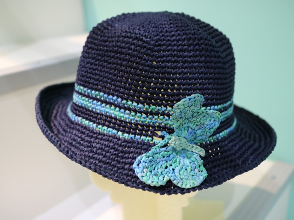 rayon raffia hat 手工鉤針編織草帽遮陽帽拉菲亞草帽藍色女帽帽子情侶帽蝴蝶生日禮物交換禮物客製訂製定製 第3張的照片