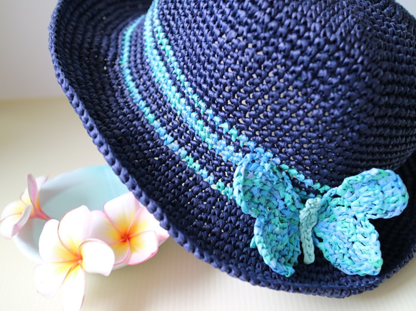 rayon raffia hat 手工鉤針編織草帽遮陽帽拉菲亞草帽藍色女帽帽子情侶帽蝴蝶生日禮物交換禮物客製訂製定製 第1張的照片