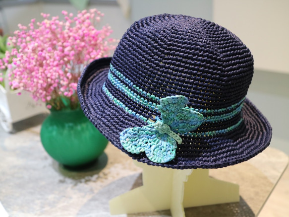 rayon raffia hat 手工鉤針編織草帽遮陽帽拉菲亞草帽藍色女帽帽子情侶帽蝴蝶生日禮物交換禮物客製訂製定製 第5張的照片